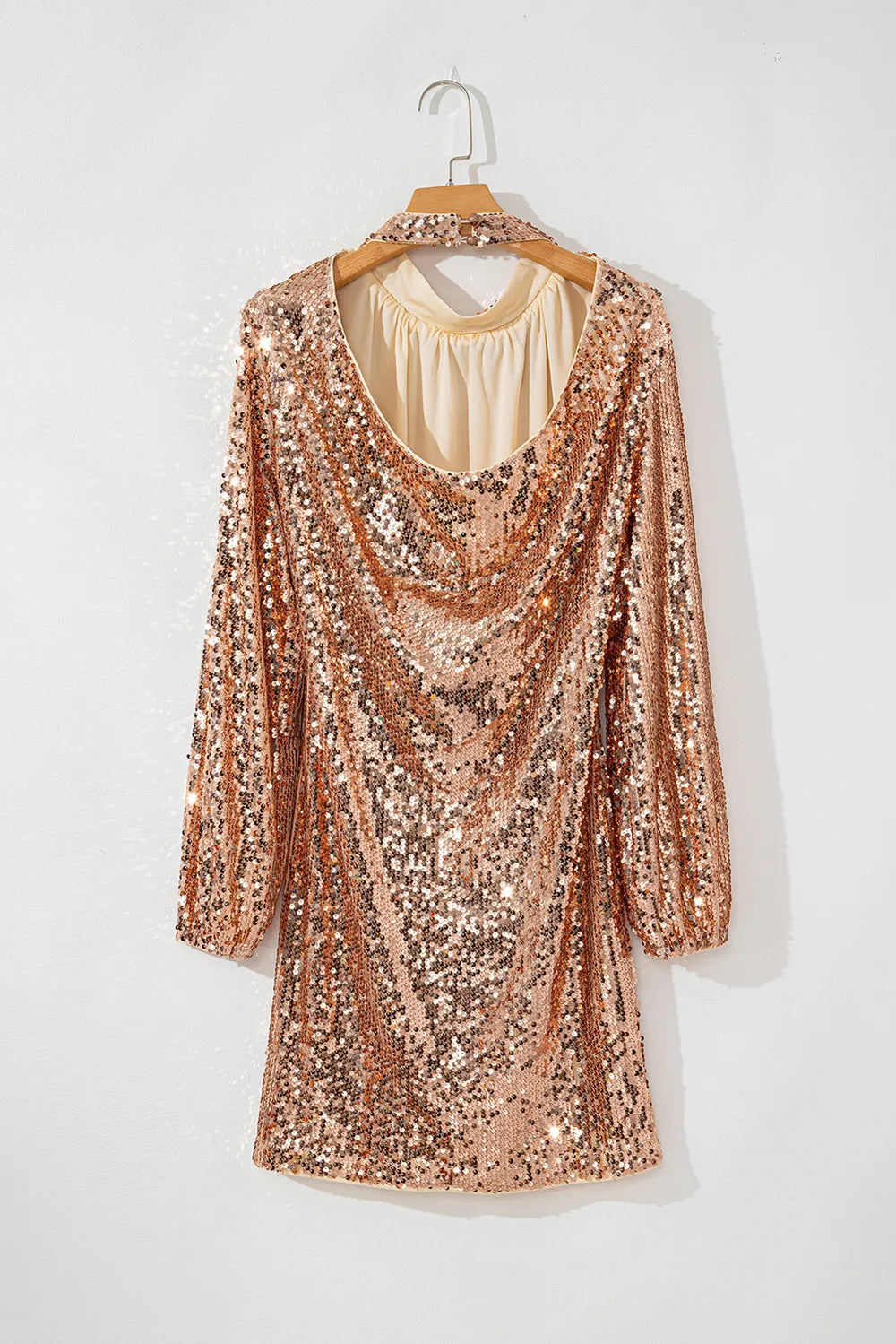 Gold-tone sequin long-sleeve mini dress on hanger, back view