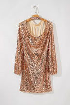 Gold-tone sequin long-sleeve mini dress on hanger, back view