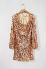 Gold-tone sequin long-sleeve mini dress on hanger, back view