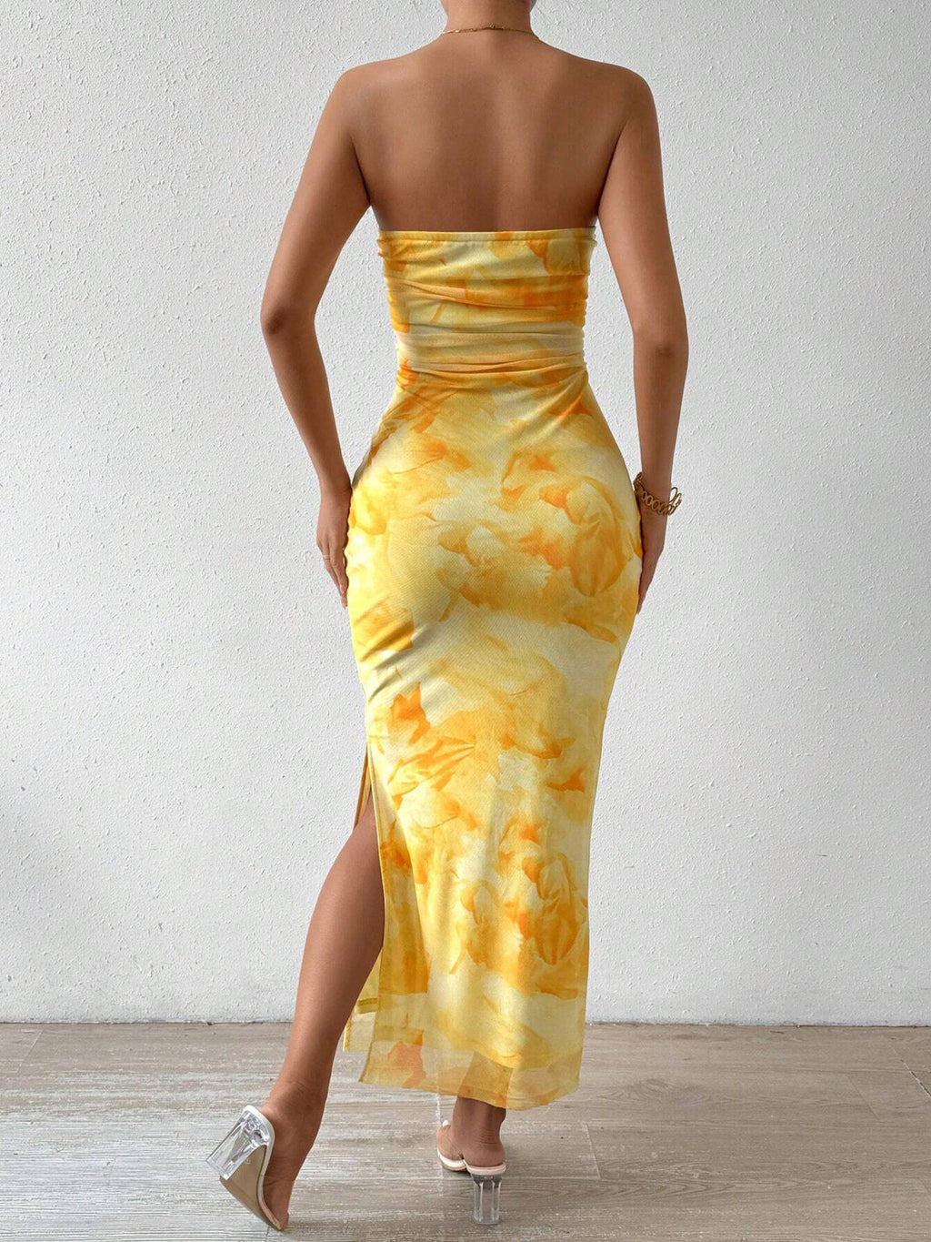 Yellow strapless midi dress with slit front view