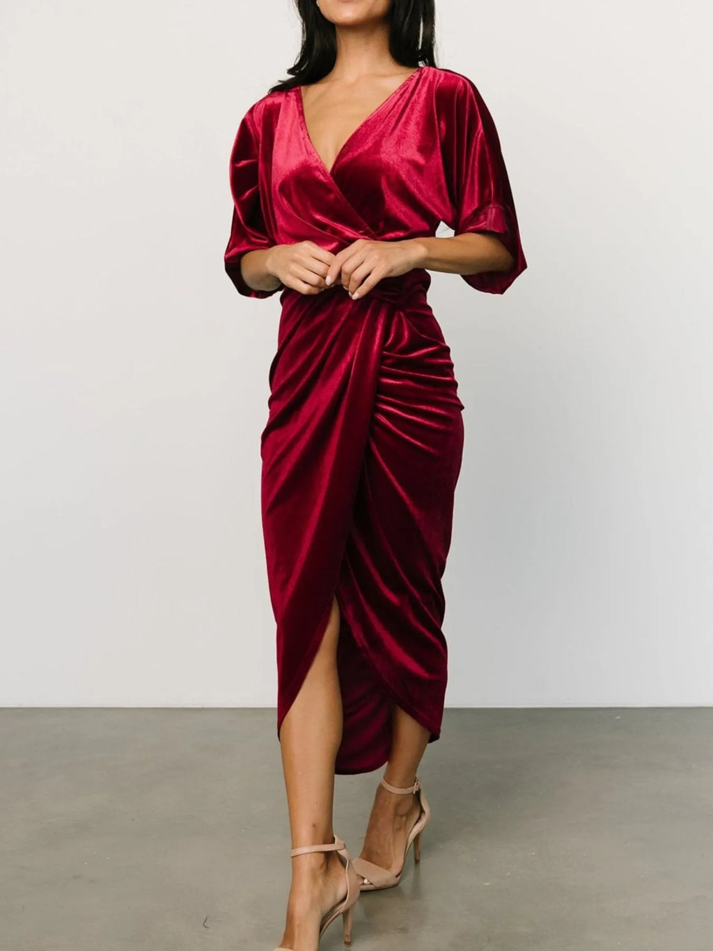 Ruched surplice half-sleeve midi dress front view