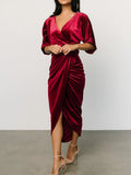 Ruched surplice half-sleeve midi dress front view