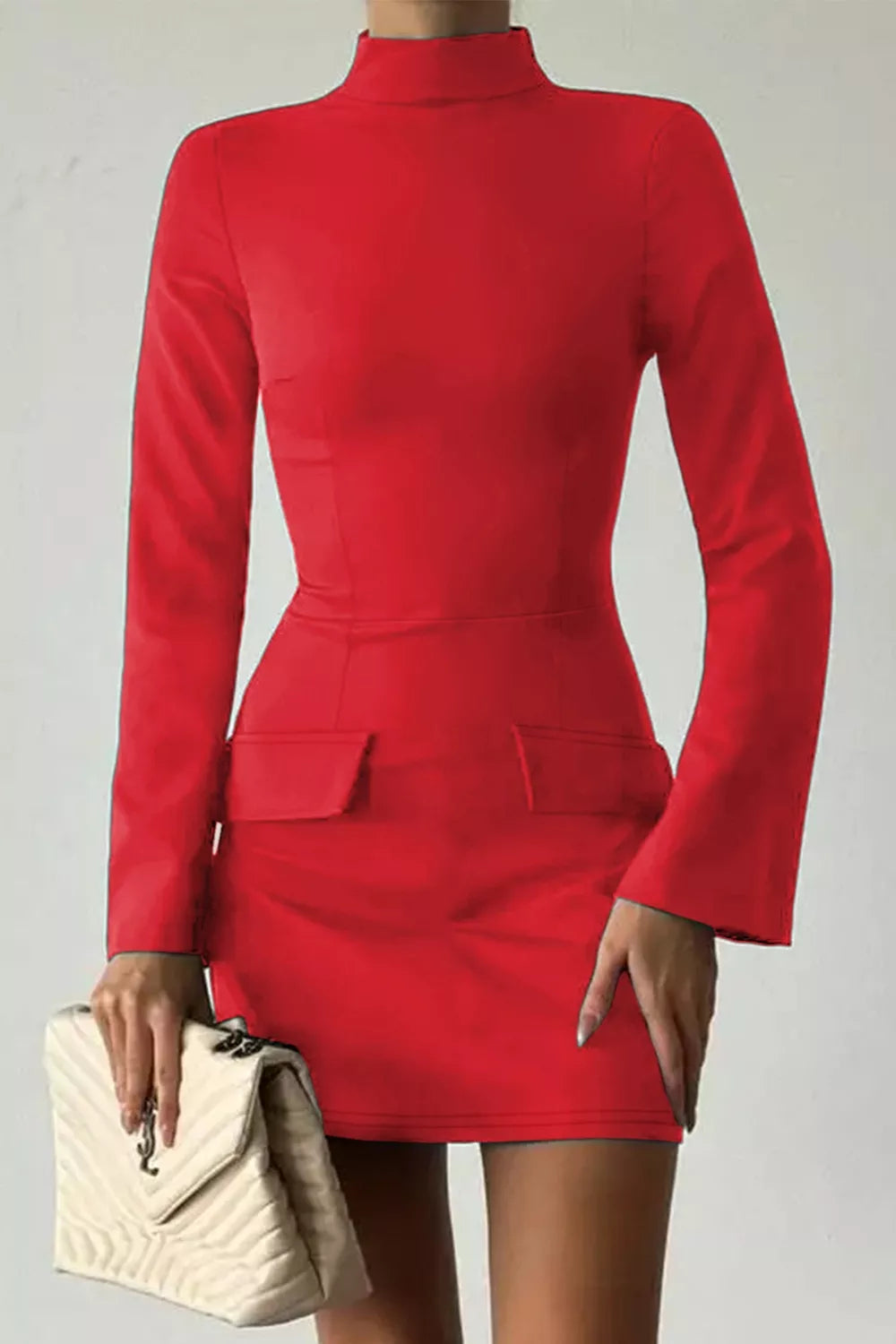 Red button-front long-sleeve mini dress, front view.