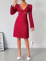 Red pearl-trim v-neck bodycon dress, front view.