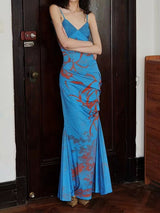 Blue floral thin-strap maxi dress, front view