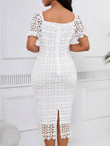 Short-Sleeve Lace Midi Dress with Slit - product view 4
