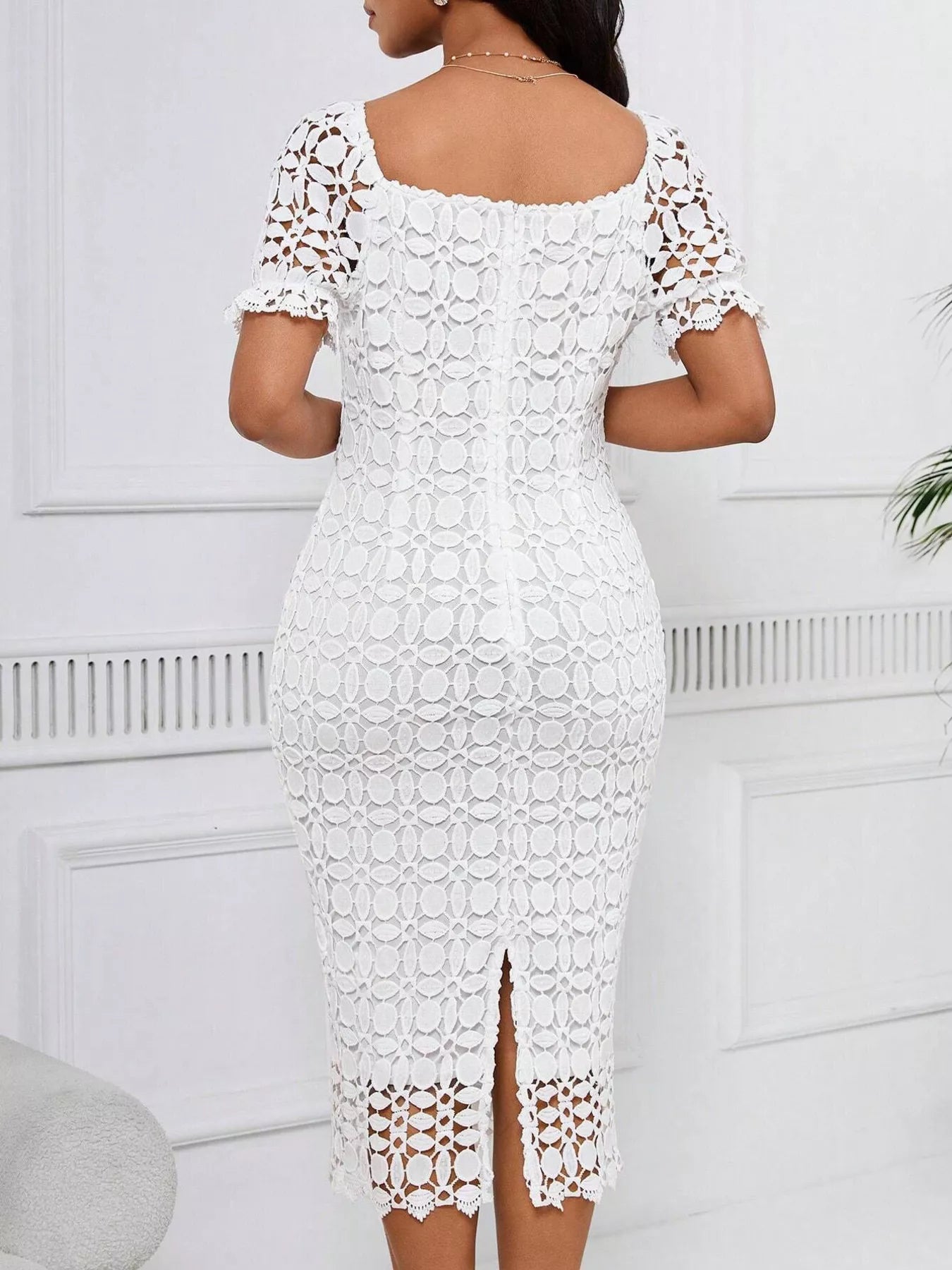 Short-Sleeve Lace Midi Dress with Slit - product view 4
