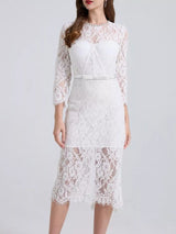 White lace long-sleeve midi dress, front view.