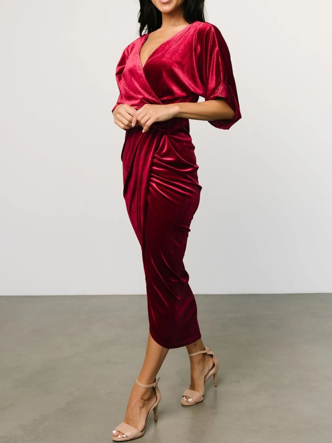 Ruched surplice midi dress elegant side view