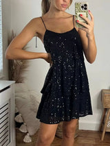 Black plus-size sequin tie-shoulder mini dress, front view.