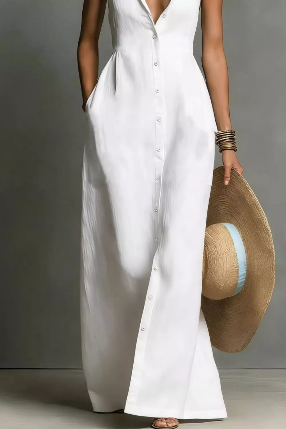 Sleeveless maxi dress button detail
