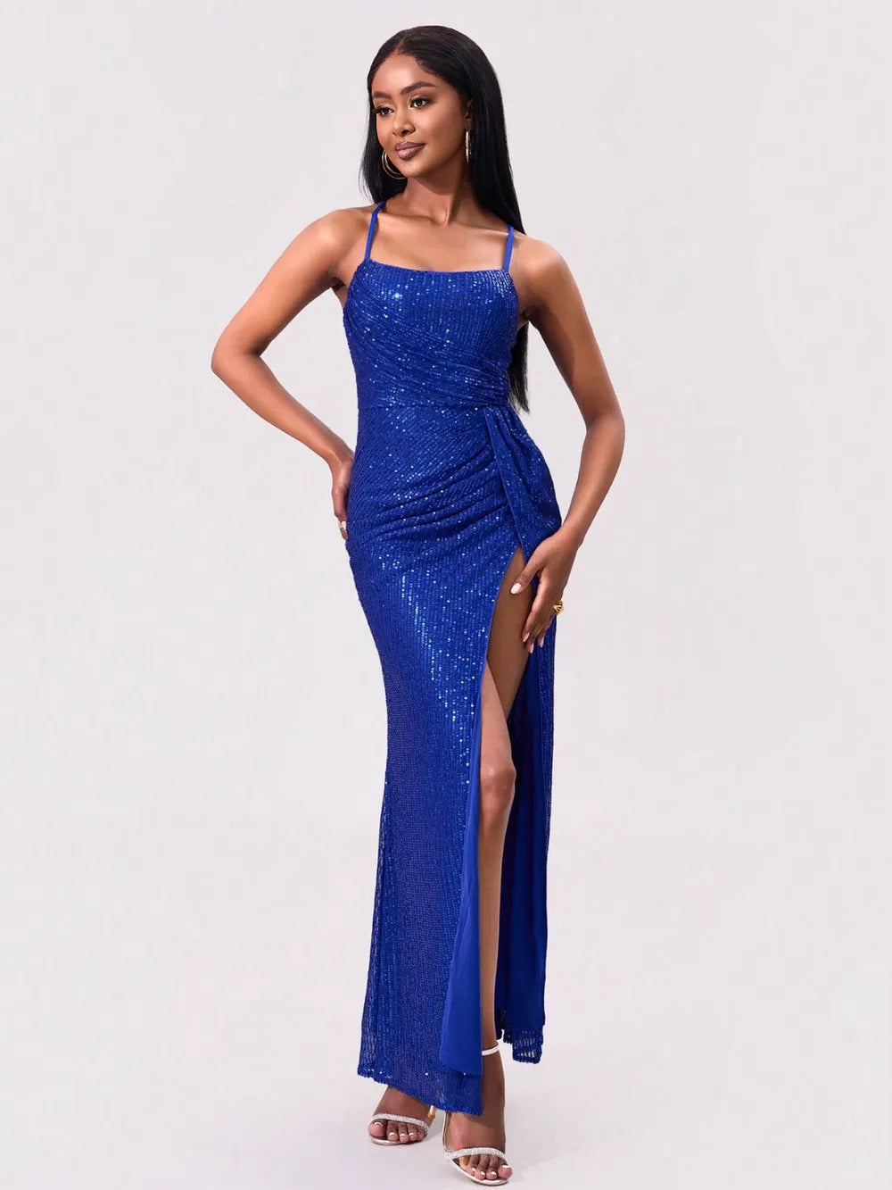 Royal-Blue Sequin Spaghetti-Strap Slit Dress - product view 4