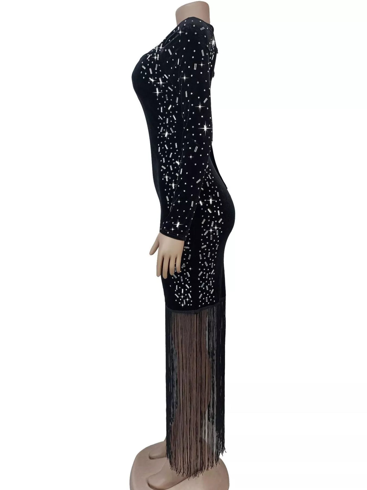 Black rhinestone fringe maxi dress, side view.