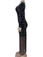 Black rhinestone fringe maxi dress, side view.