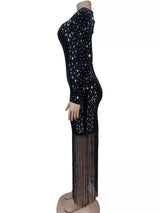 Black rhinestone fringe maxi dress, side view.