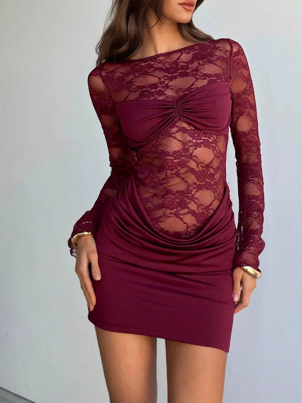 Wine-Red Lace Long-Sleeve Ruched Backless Dress - product view 3