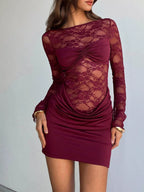 Wine-Red Lace Long-Sleeve Ruched Backless Dress - product view 3