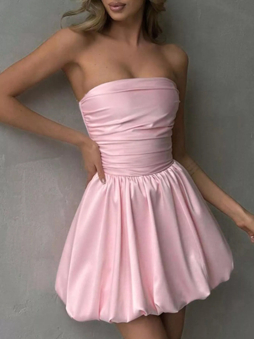 Blush Pink Strapless Ruched Bubble Mini Dress - product image 4