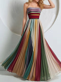 Striped pleated tube maxi dress front view