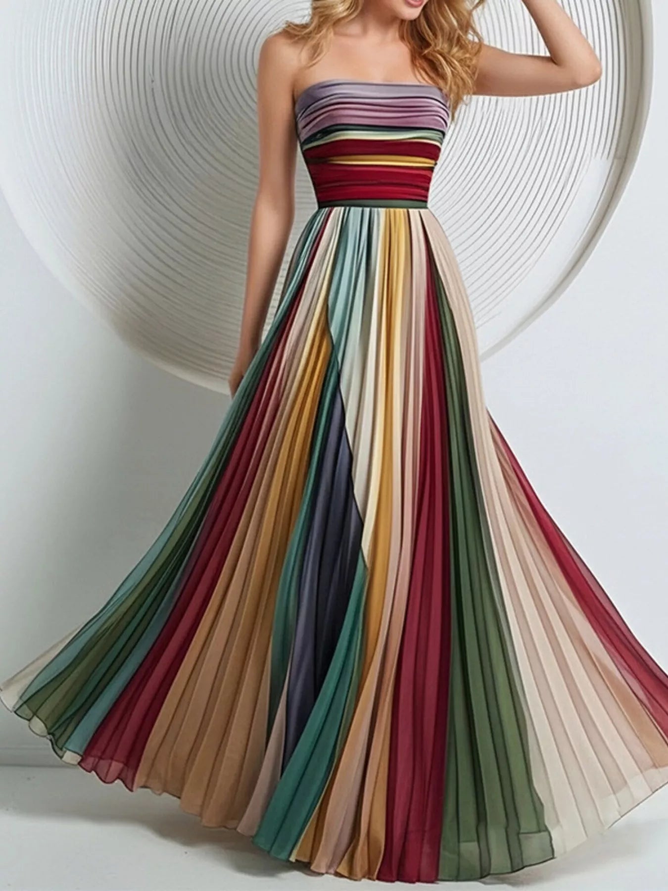 Striped pleated tube maxi dress front view