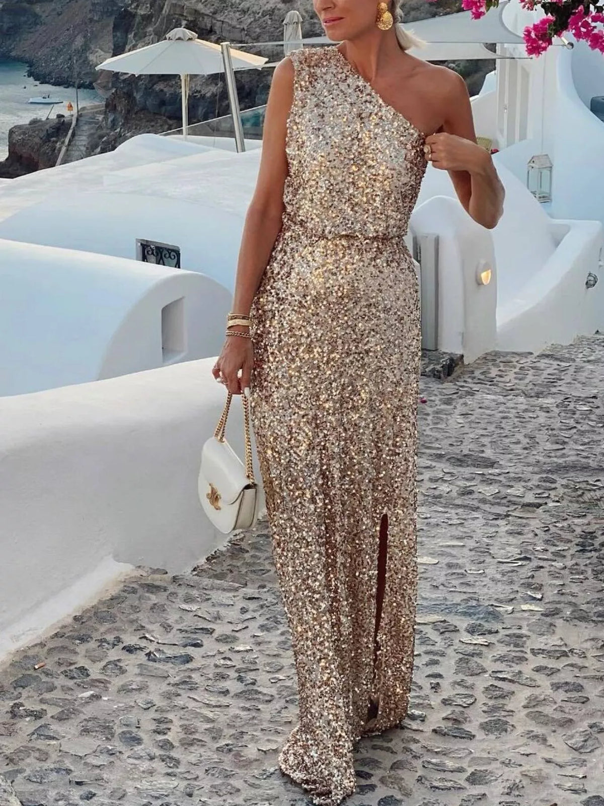 Beige Sequin One-Shoulder Slit Maxi Dress - product view 5