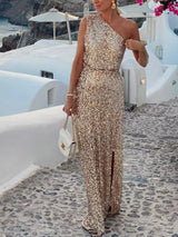 Beige Sequin One-Shoulder Slit Maxi Dress - product view 5