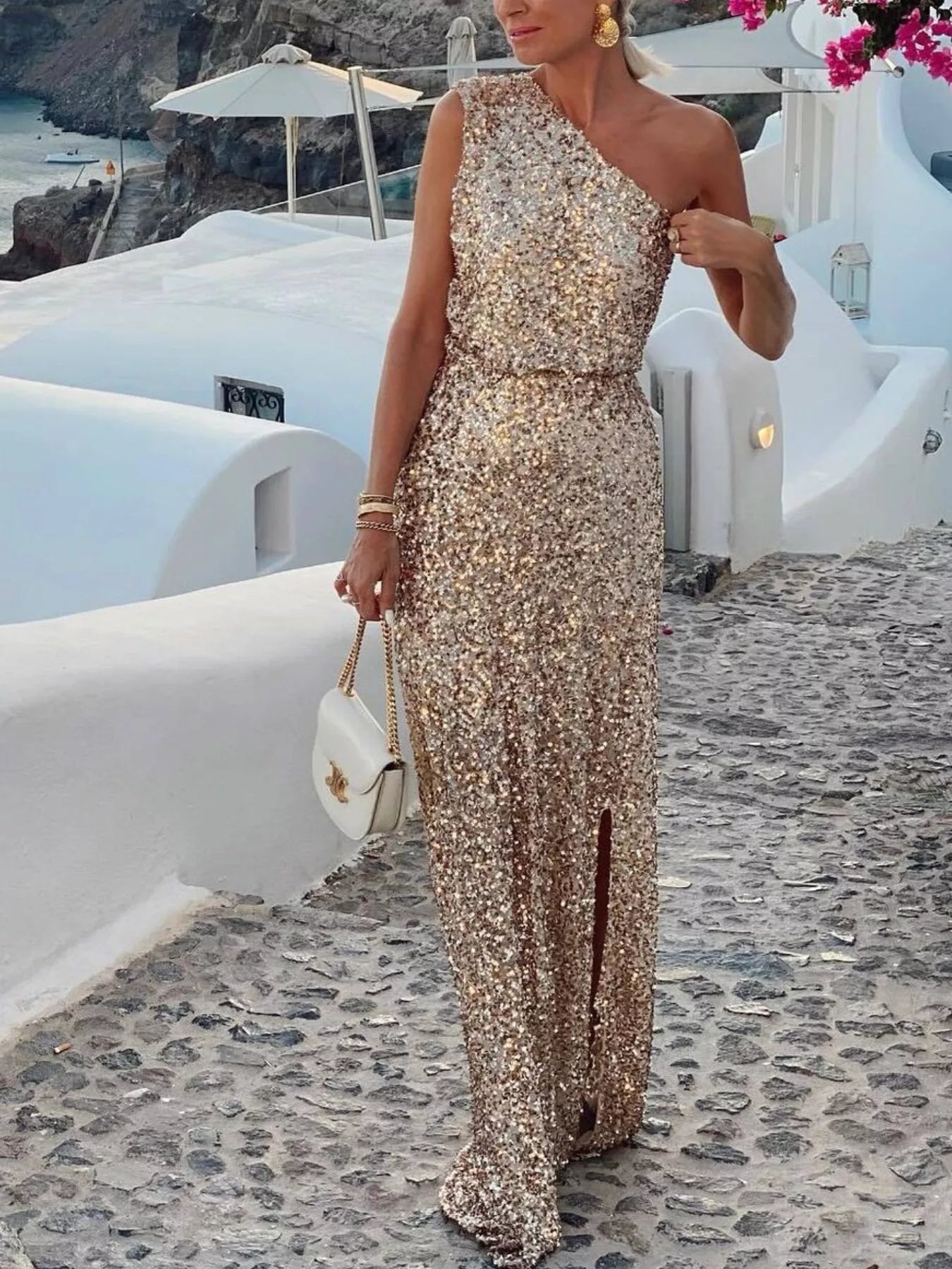 Beige Sequin One-Shoulder Slit Maxi Dress - product view 5