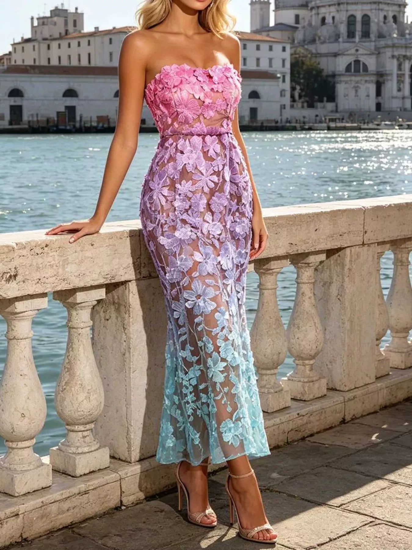 Floral embroidered strapless maxi dress front view