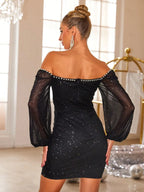 Pearl-trim long-sleeve mini dress full-length view