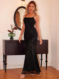 Black square neck sequin dress front view