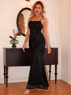 Black square neck sequin dress front view
