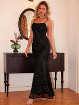 Black square neck sequin dress front view