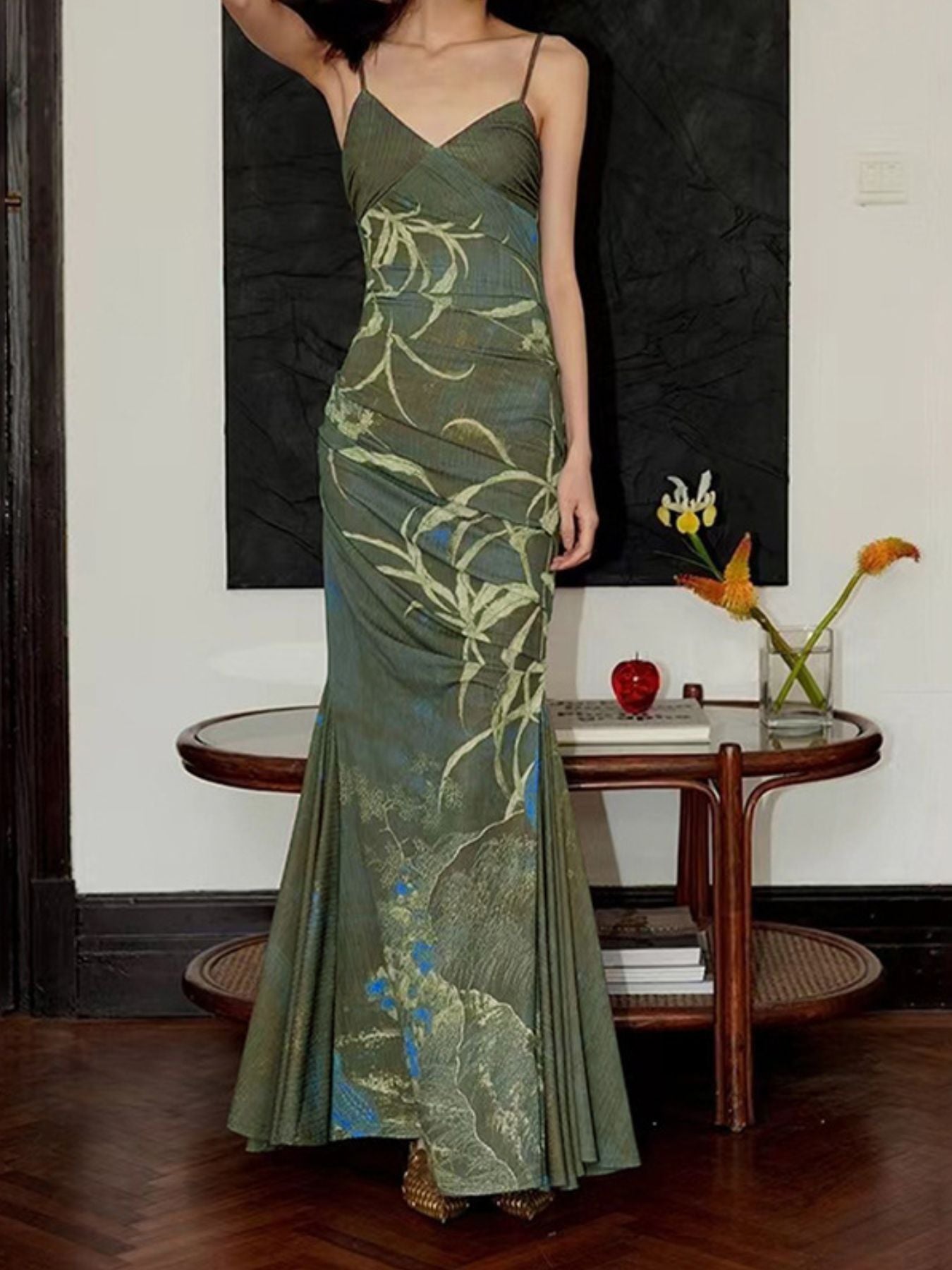 Brown printed slit maxi dress side view