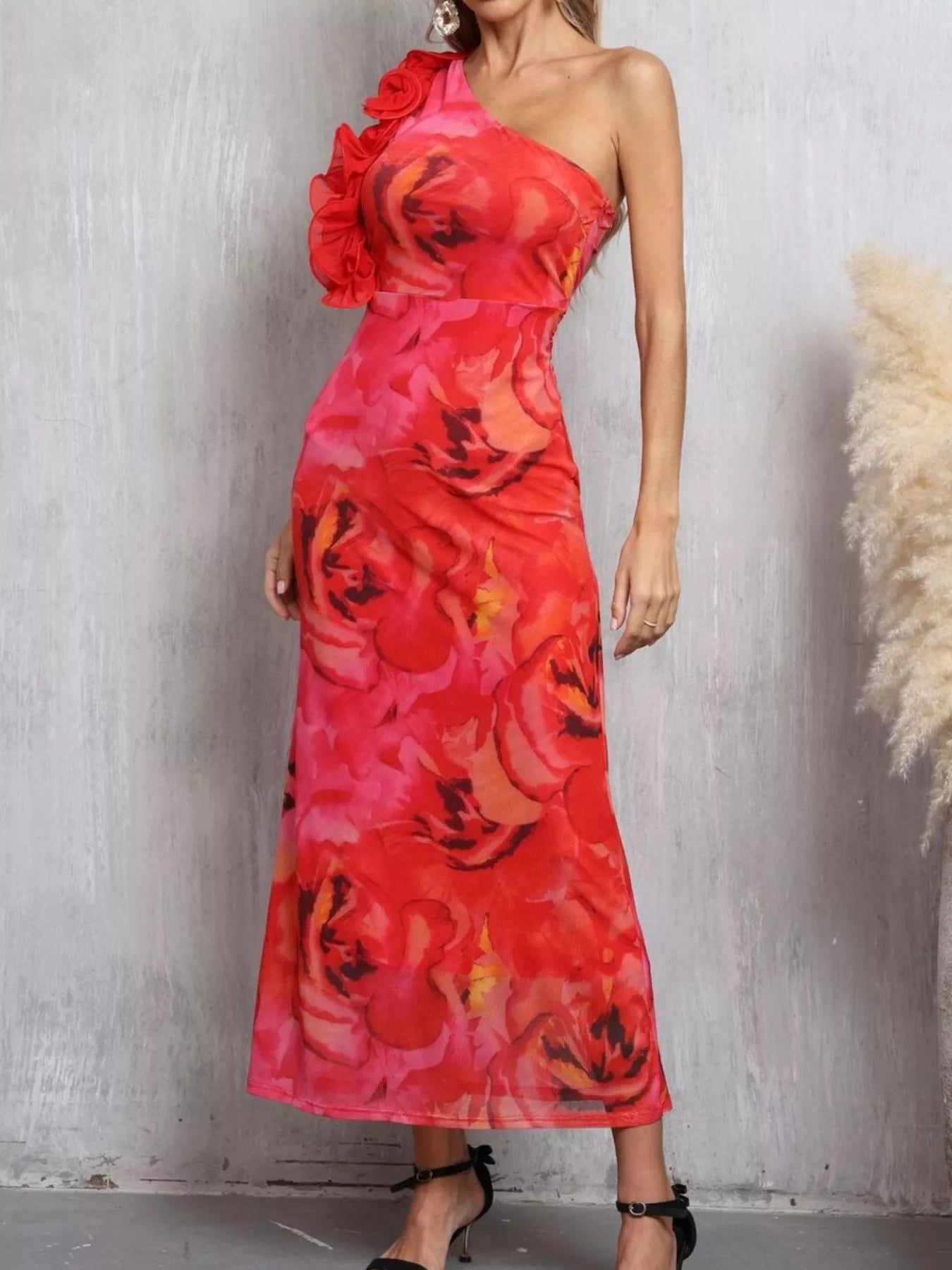 One shoulder floral maxi dress back view