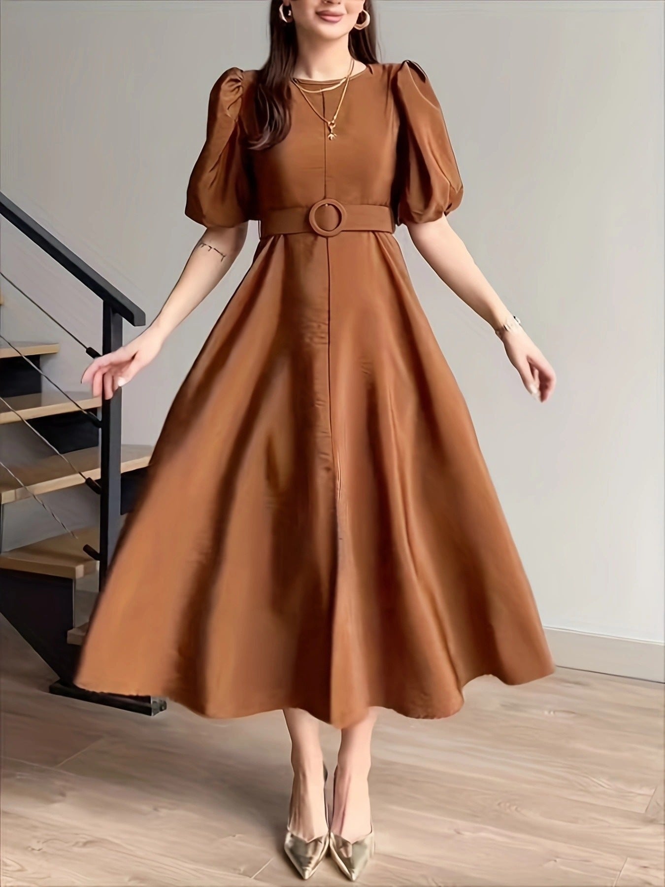 Tan belted puff-sleeve midi dress front view