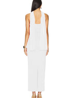 White strapless long dress with matching neck scarf, back view