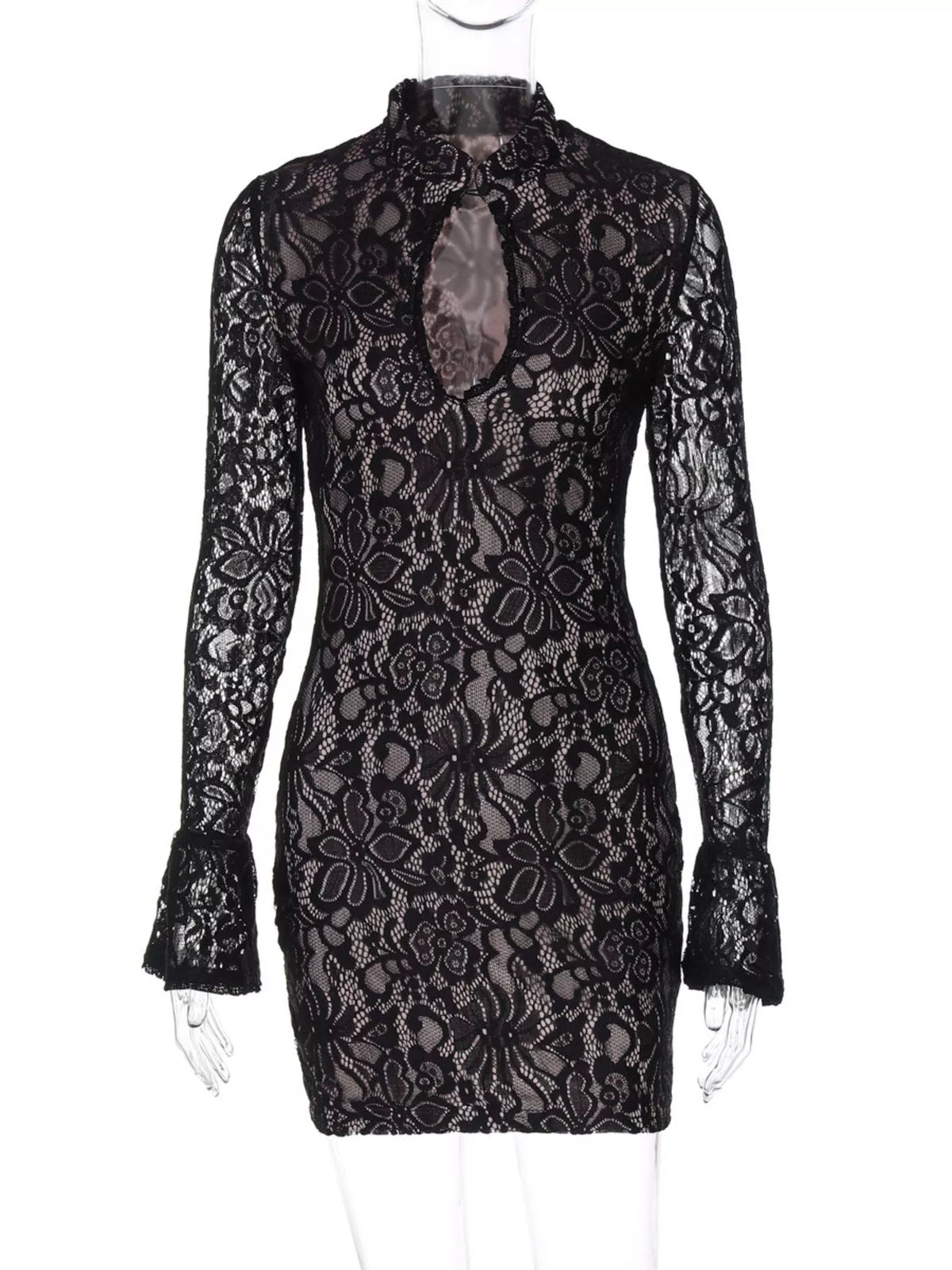 Black lace long-sleeve cutout mini dress, front product view