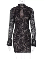 Black lace long-sleeve cutout mini dress, front product view