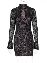 Black lace long-sleeve cutout mini dress, front product view