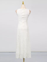 White sleeveless floral appliqué midi dress, back view.