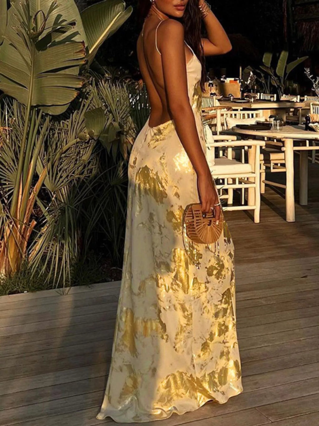 Gold formal maxi dress full-length view
