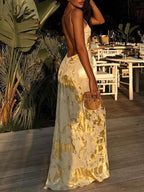 Gold formal maxi dress full-length view