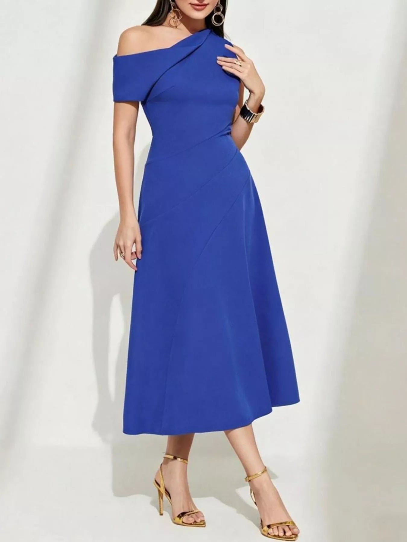Royal-Blue One-Shoulder Midi Dress - product view 4