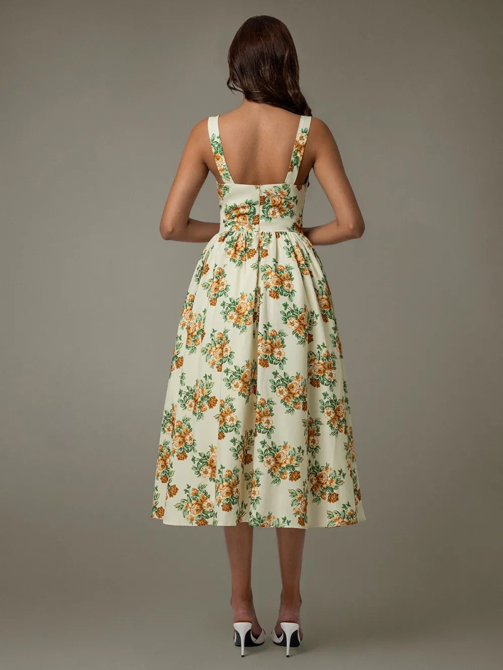 Pastel yellow floral midi dress back view