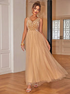 Tan sequin V-neck sleeveless maxi dress front