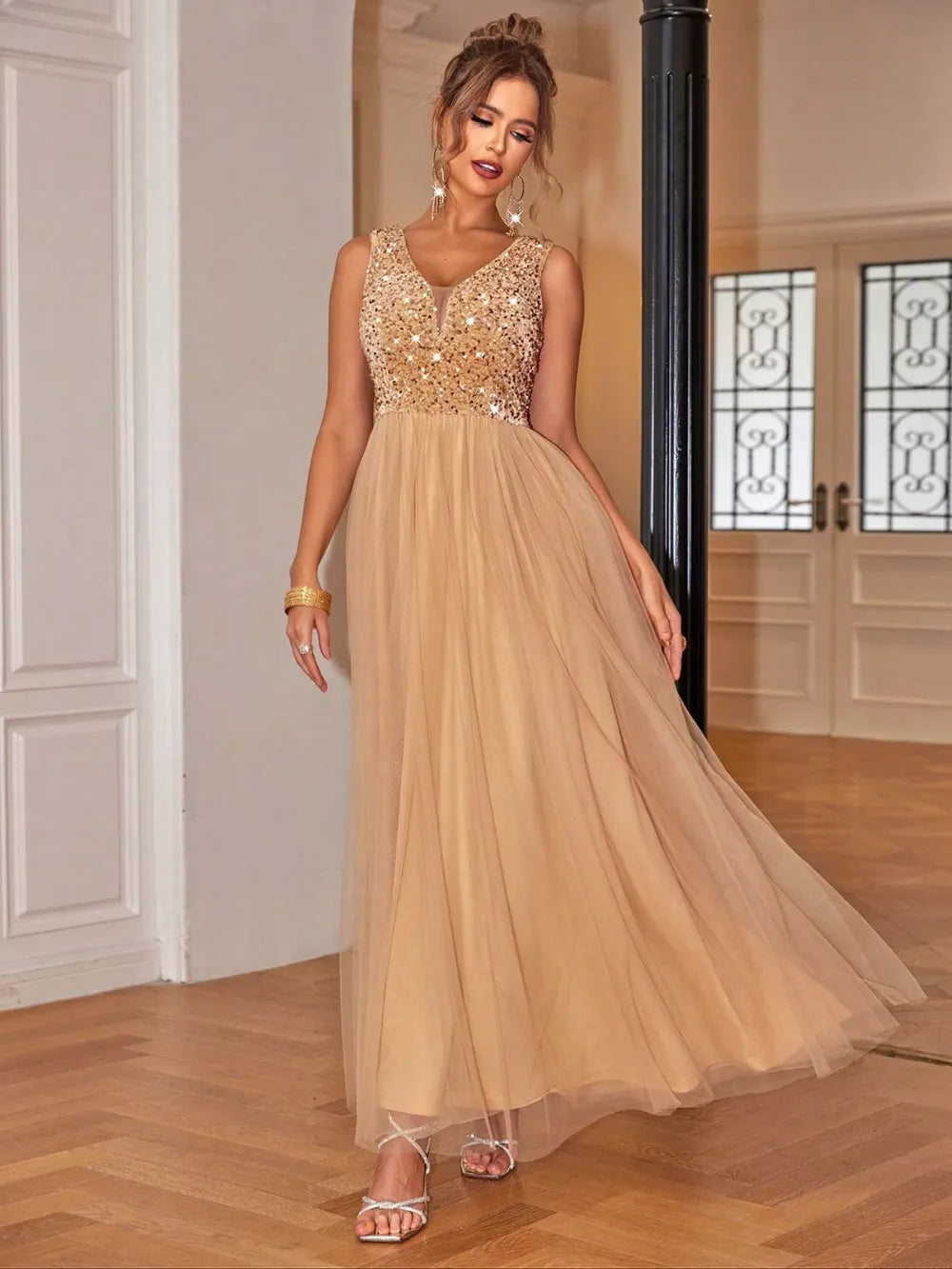 Tan sequin V-neck sleeveless maxi dress front