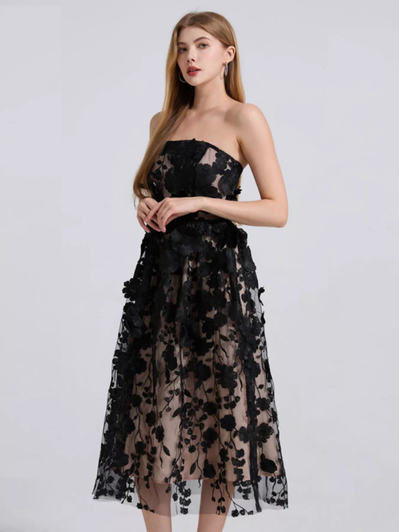 Floral appliqué strapless midi dress full-length view