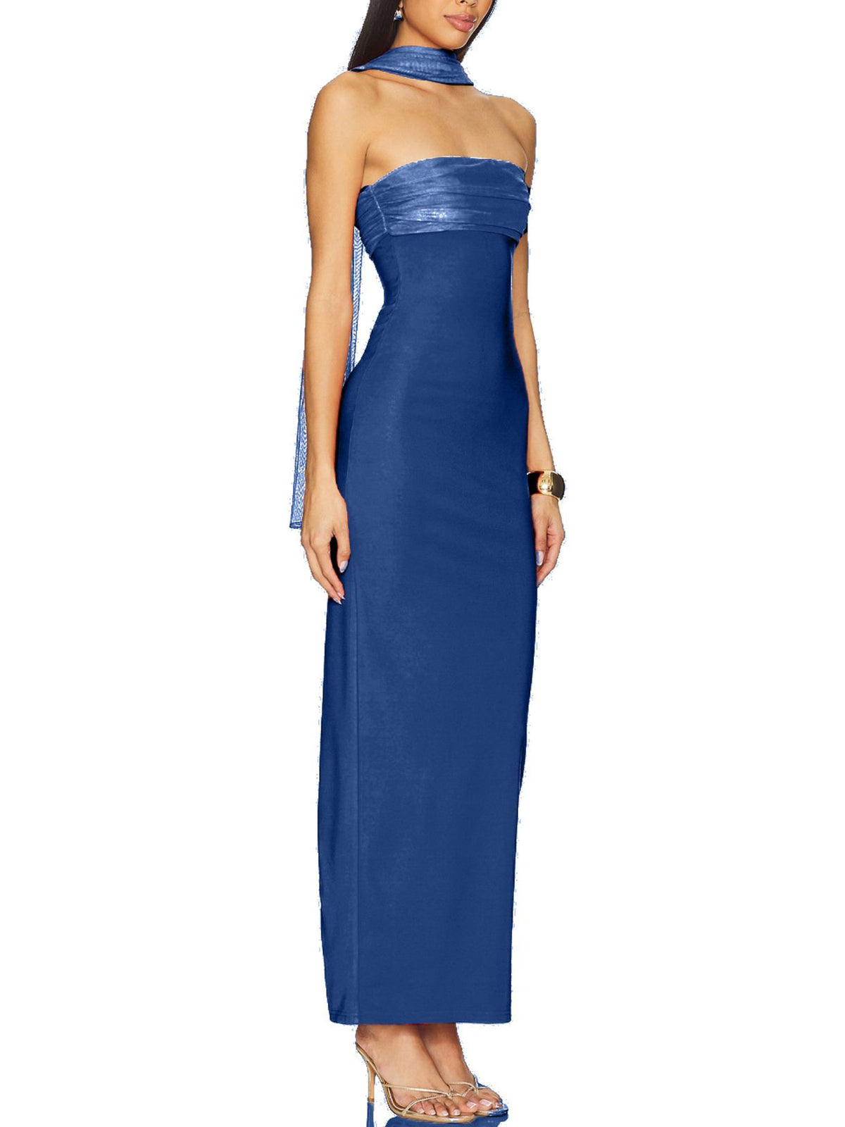 Blue strapless long dress with matching neck scarf, side view