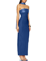 Blue strapless long dress with matching neck scarf, side view