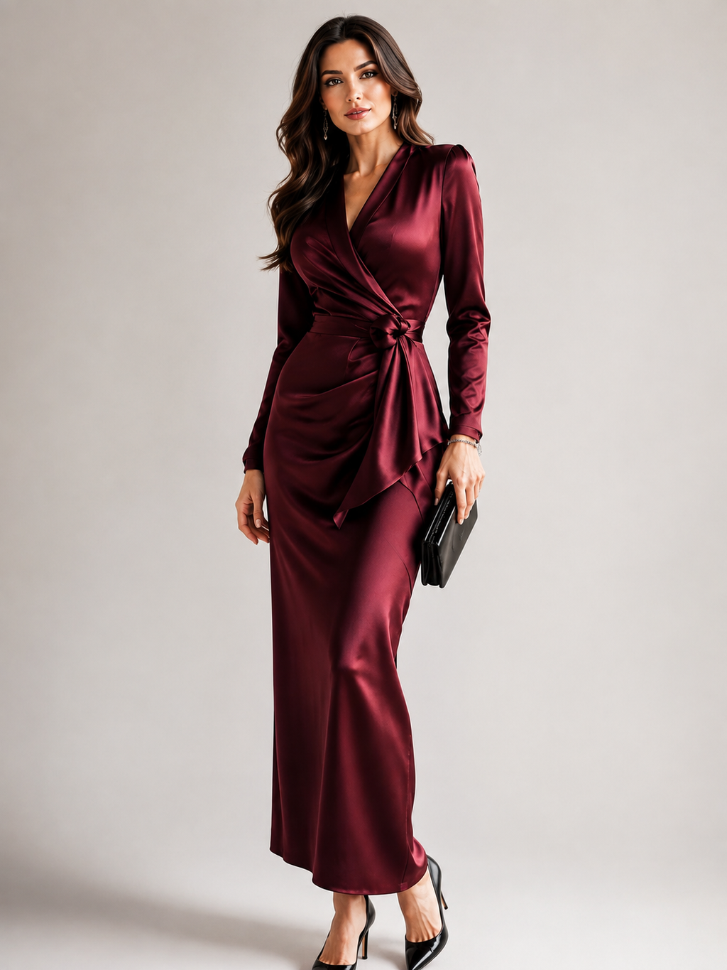 Satin Tie-Waist Long-Sleeve Dress